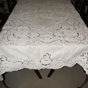 Rectangular White Embroidered Linen Tablecloth